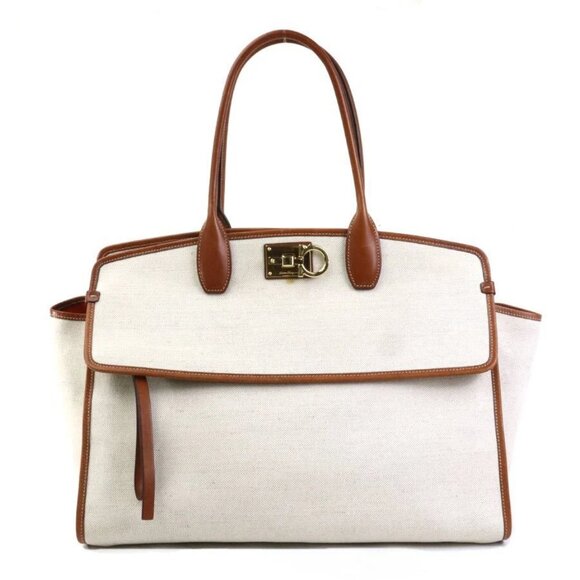 Salvatore Ferragamo Handbags - Auth Salvatore Ferragamo Gancini Handbag Off White/Brown Canvas/Leather